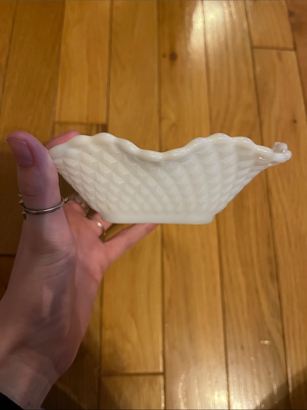 Antique milk glass ruffled edge candy dish
